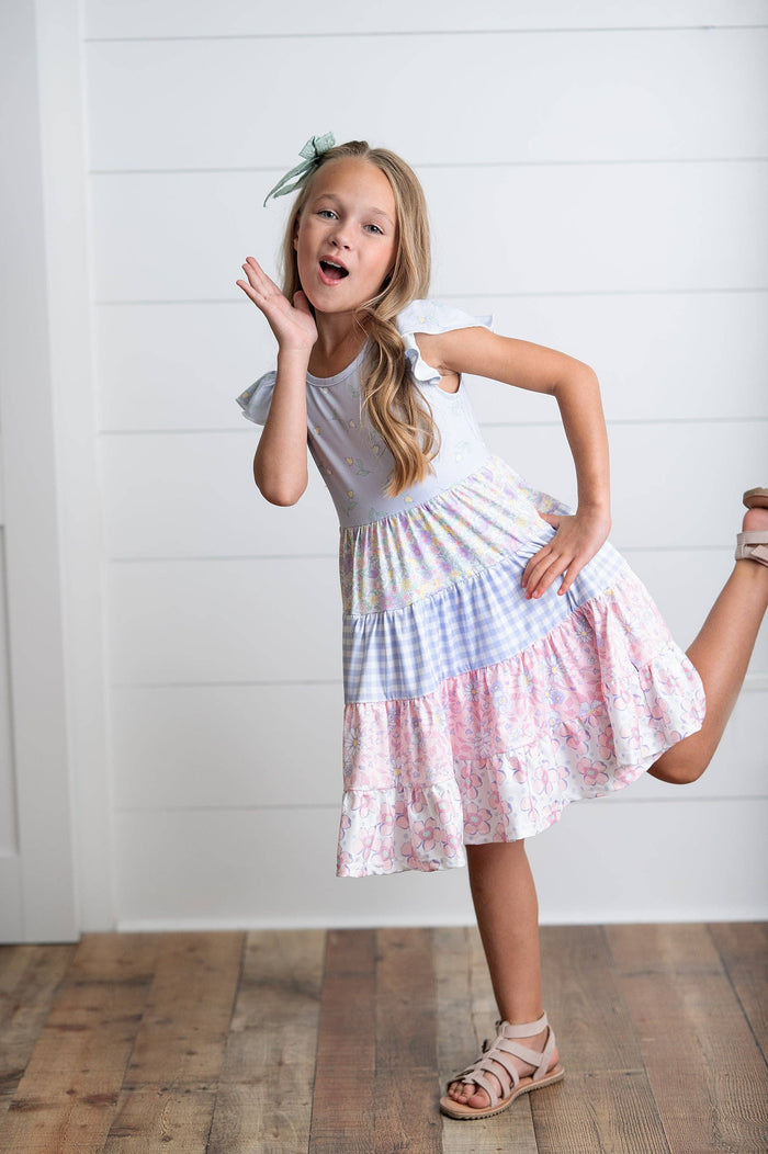 Girls Ava Twirl Lavender Floral Check Spring Tiered Dress