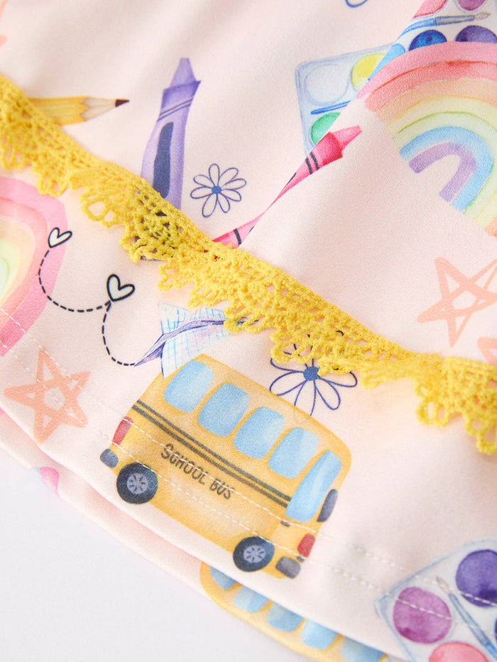 Girls Back To School Rainbow School Bus Ruffle Dress Leggings Set