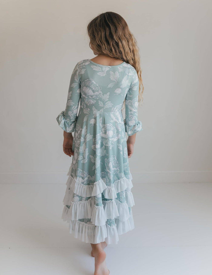 Girls Bella Soft Sage & Winter White Twirl Ruffles Dress