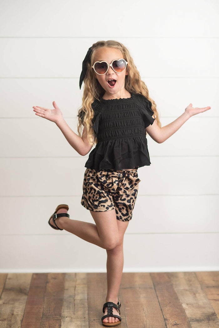 Girls Black Shirred Top & Leopard Print Bow Spring Short Set