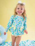 Girls Blooming Basket Long Sleeve One Piece Bow Peplum Rash Guard Swimsuit
