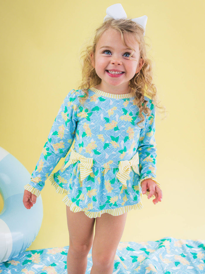 Girls Blooming Basket Long Sleeve One Piece Bow Peplum Rash Guard Swimsuit