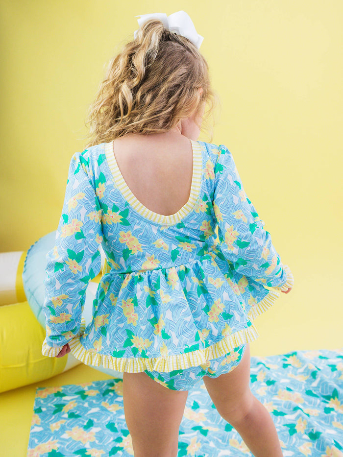 Girls Blooming Basket Long Sleeve One Piece Bow Peplum Rash Guard Swimsuit