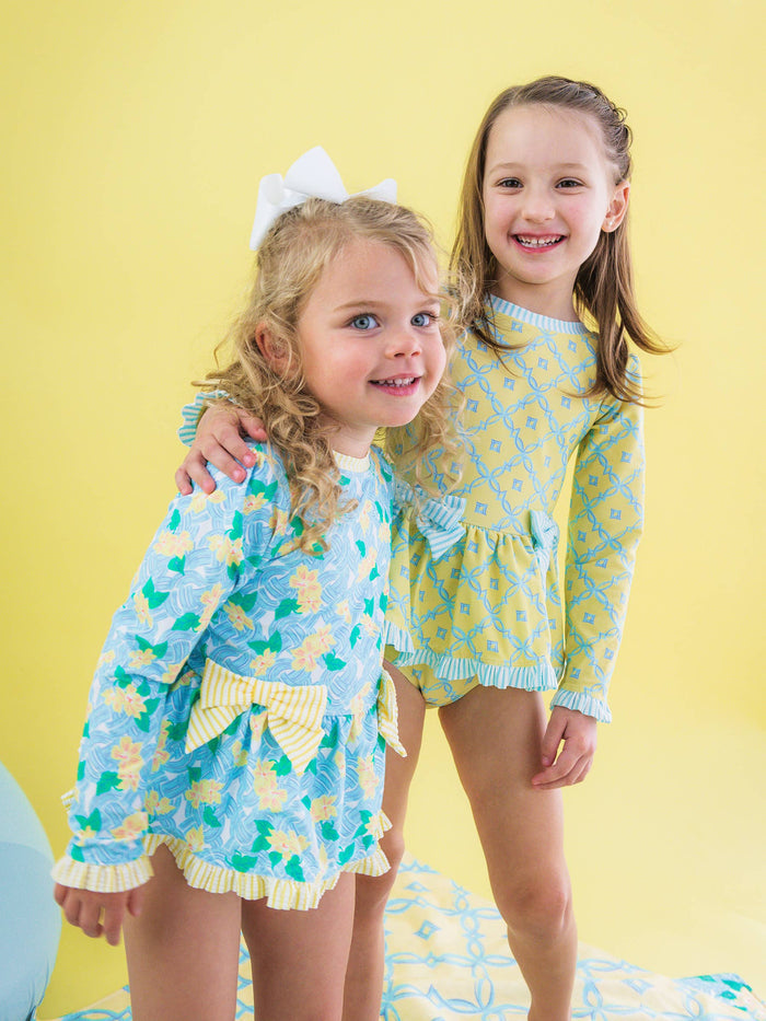 Girls Blooming Basket Long Sleeve One Piece Bow Peplum Rash Guard Swimsuit