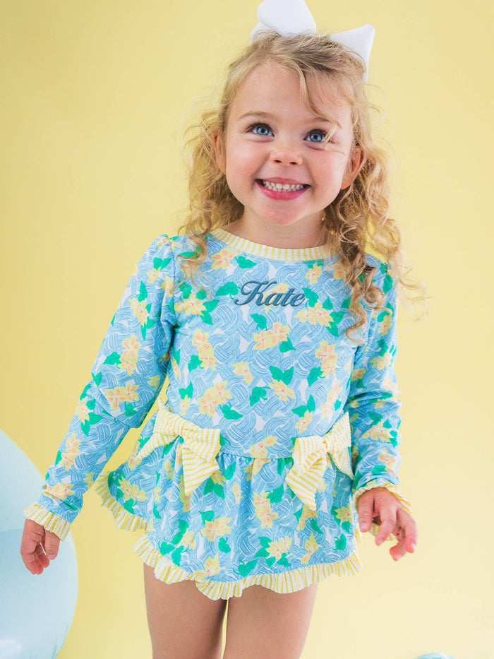 Girls Blooming Basket Long Sleeve One Piece Bow Peplum Rash Guard Swimsuit