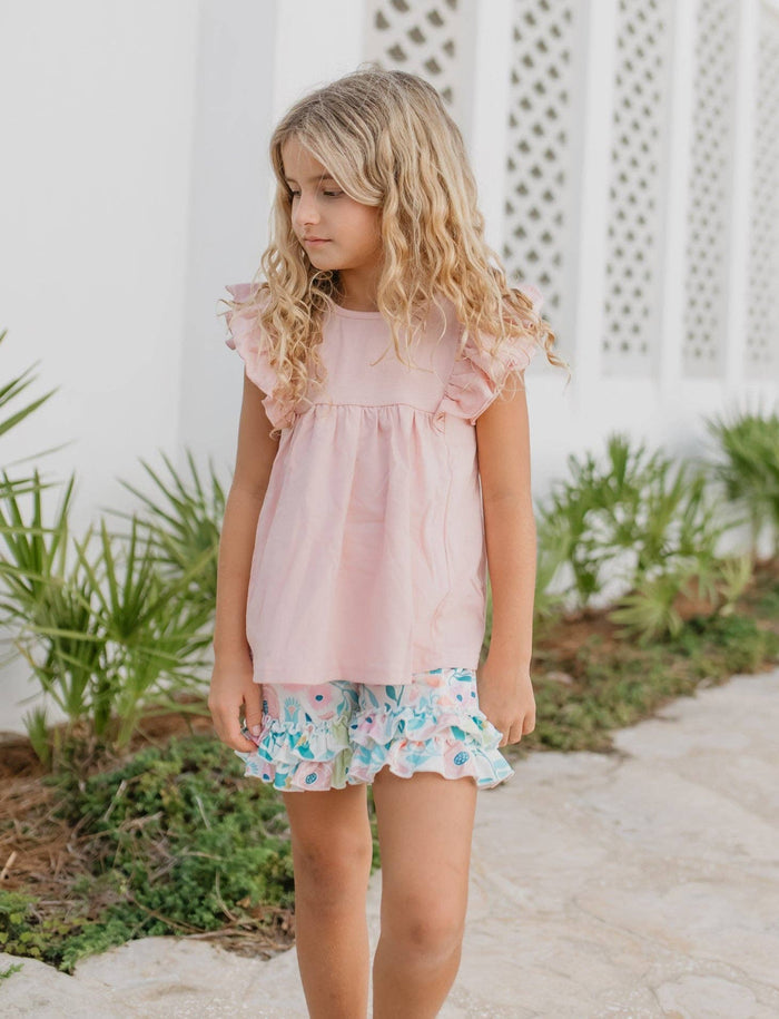 Girls Blush Pink Ruffles Pastel Spring Floral Short Set