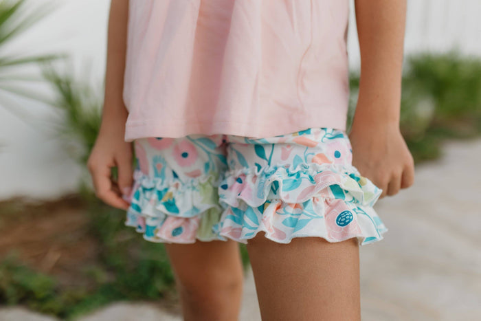 Girls Blush Pink Ruffles Pastel Spring Floral Short Set