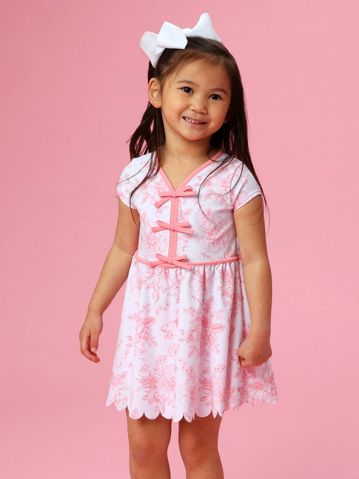 Girls Bubblegum Pink Butterfly Garden Toile Active Short Sleeve Bow Dress & Bike Short Set