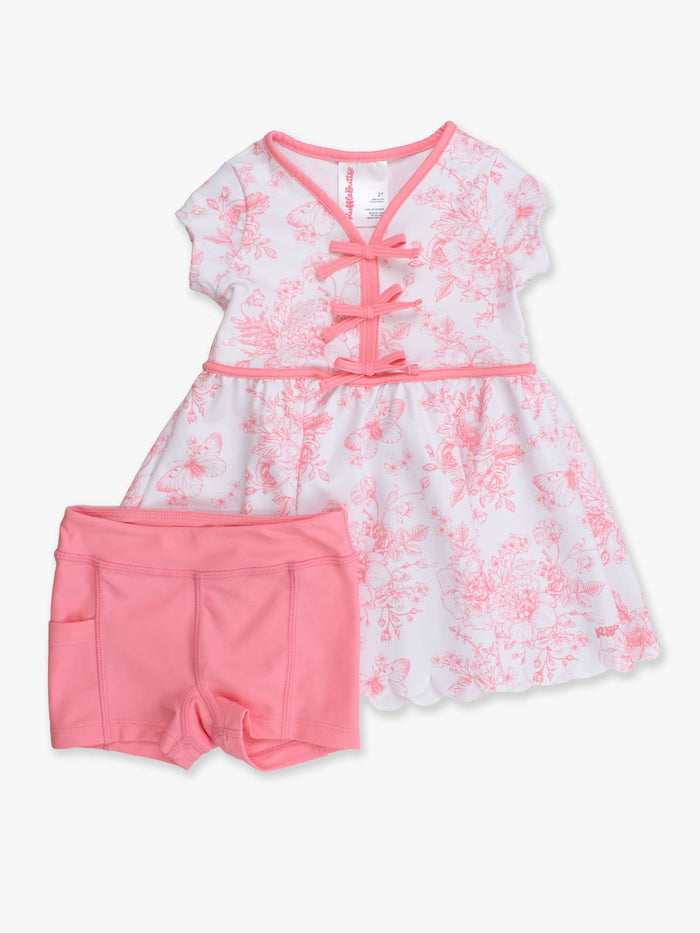 Girls Bubblegum Pink Butterfly Garden Toile Active Short Sleeve Bow Dress & Bike Short Set