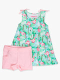Girls Green Vibrant Flamingo Active A-Line Bow Dress & Bike Short Set