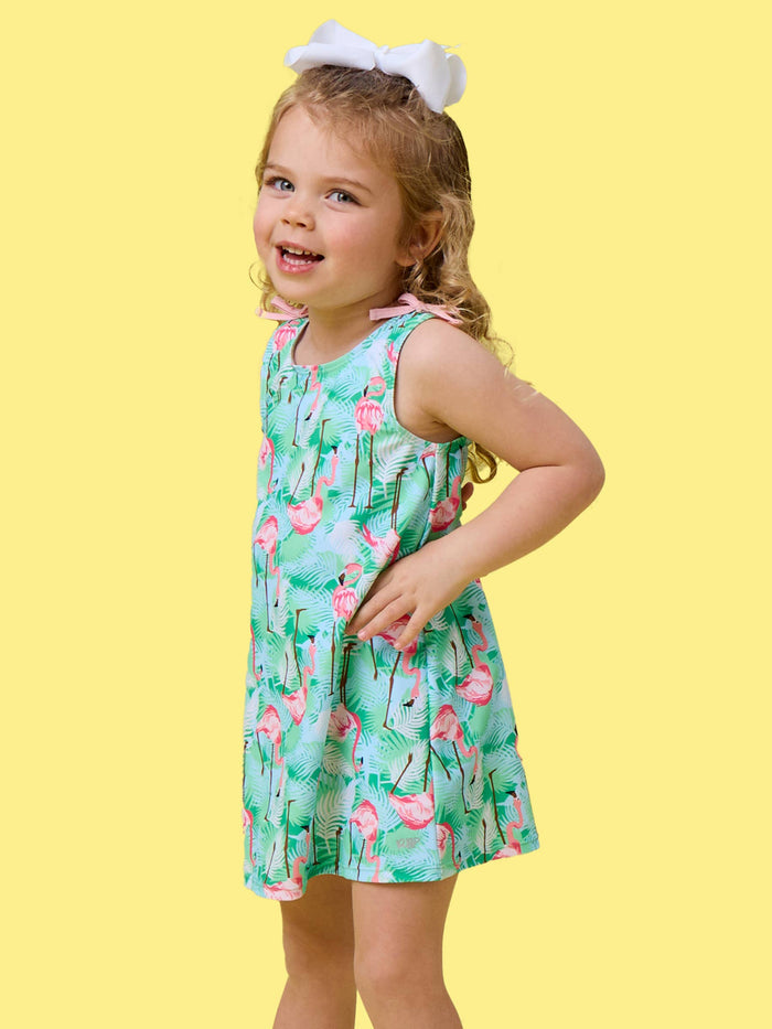 Girls Green Vibrant Flamingo Active A-Line Bow Dress & Bike Short Set