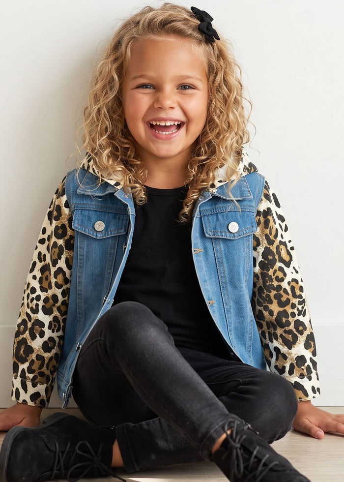 Girls Kids Leopard & Denim Fall Winter Jean Denim Jacket