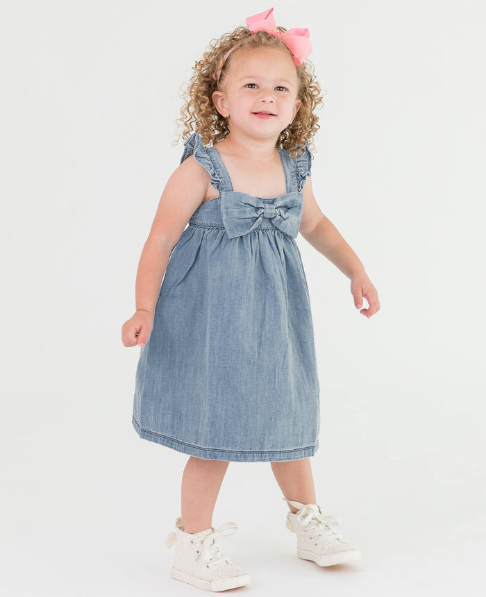 Girls Light Wash Denim Flutter Bow Woven Dress