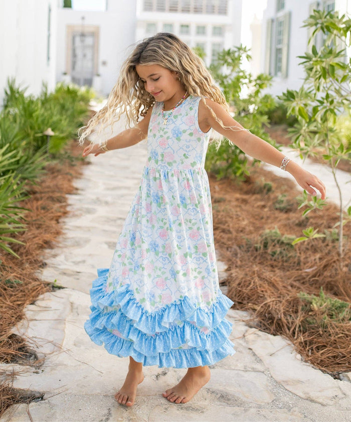 Girls Olivia 3 Ruffle Pastel Blue Floral Spring Summer Dress