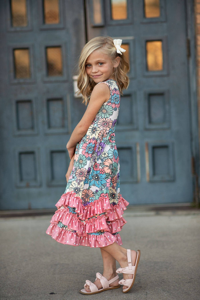 Girls Pastel Pink Floral 3 Ruffle Spring Summer Easter Dress