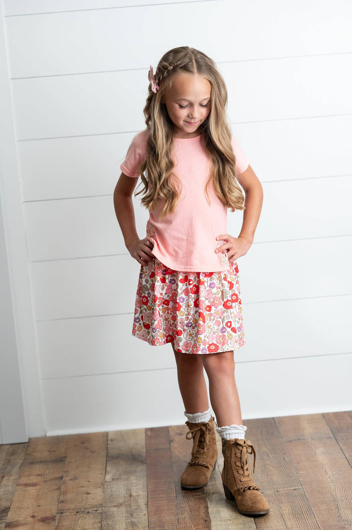 Girls Peach Floral Bow Spring Summer Skort Set