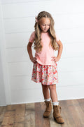 Girls Peach Floral Bow Spring Summer Skort Set