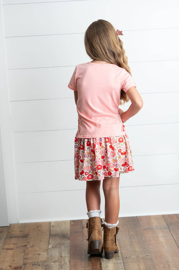 Girls Peach Floral Bow Spring Summer Skort Set