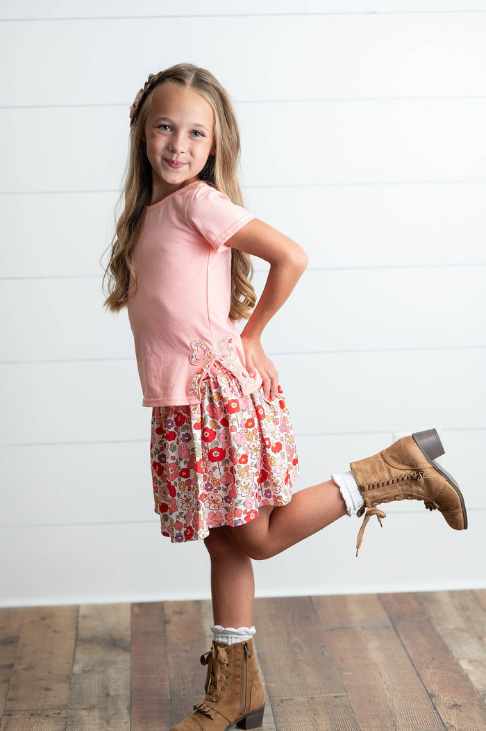 Girls Peach Floral Bow Spring Summer Skort Set