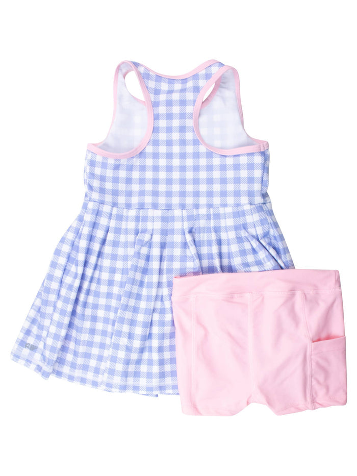 Girls Periwinkle Blue Gingham Pleated Skirt Active Dress & Bike Short Set