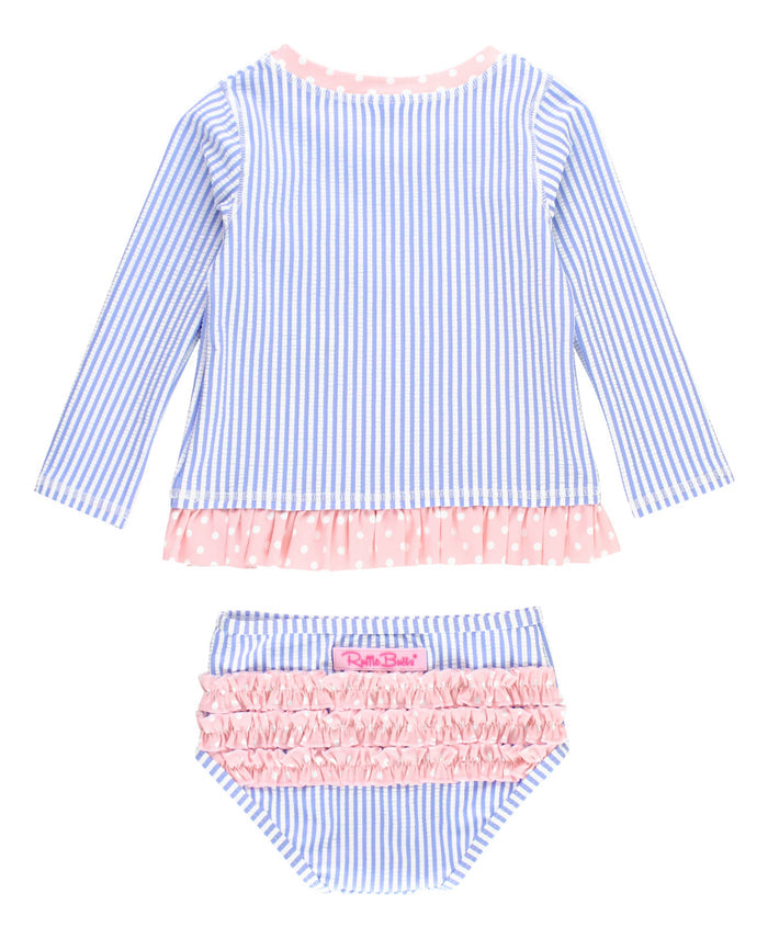 Girls Periwinkle Blue Seersucker Long Sleeve Rash Guard 2-Piece Swimsuit with Signature Rear Ruffles