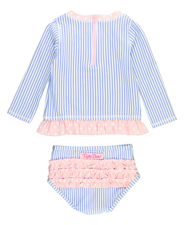 Girls Periwinkle Blue Seersucker Long Sleeve Rash Guard 2-Piece Swimsuit with Signature Rear Ruffles