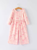 Girls Pink Bow Print Long Sleeve Jumpsuit