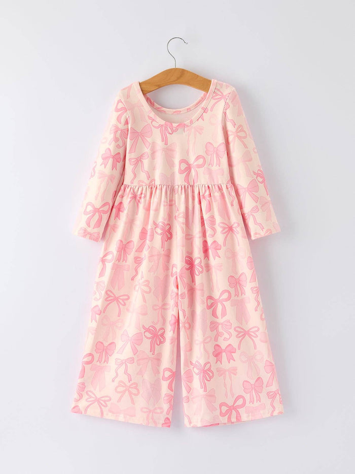 Girls Pink Bow Print Long Sleeve Jumpsuit