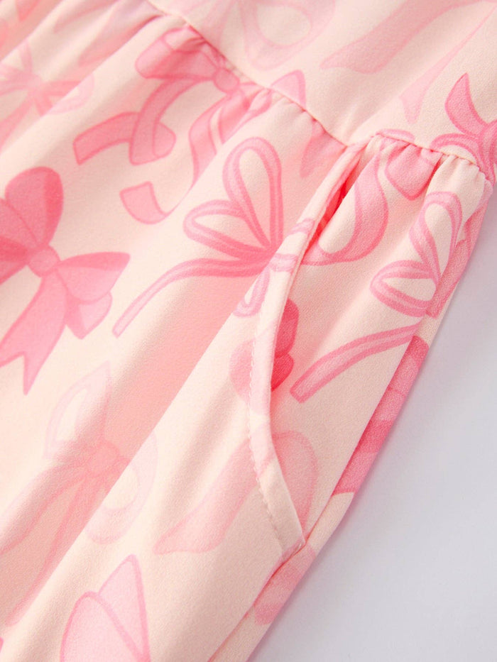 Girls Pink Bow Print Long Sleeve Jumpsuit