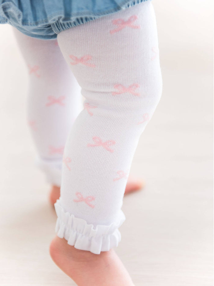 Girls Pink Bows Patterned Footless Ruffle Tights