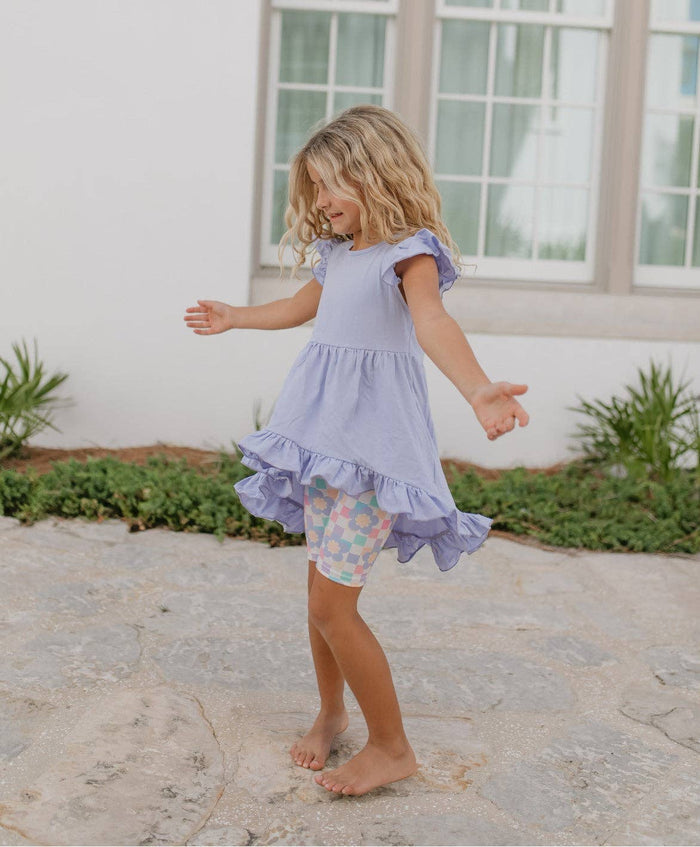 Girls Purple Periwinkle Pastel Spring Check Hi-Lo Short Set