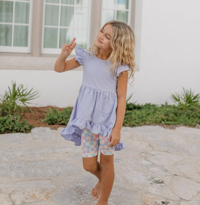 Girls Purple Periwinkle Pastel Spring Check Hi-Lo Short Set