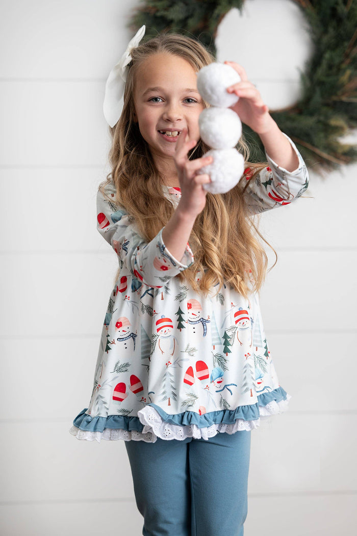 Girls Snowman Lace Ruffle Pocket Winter Holiday Pant Set