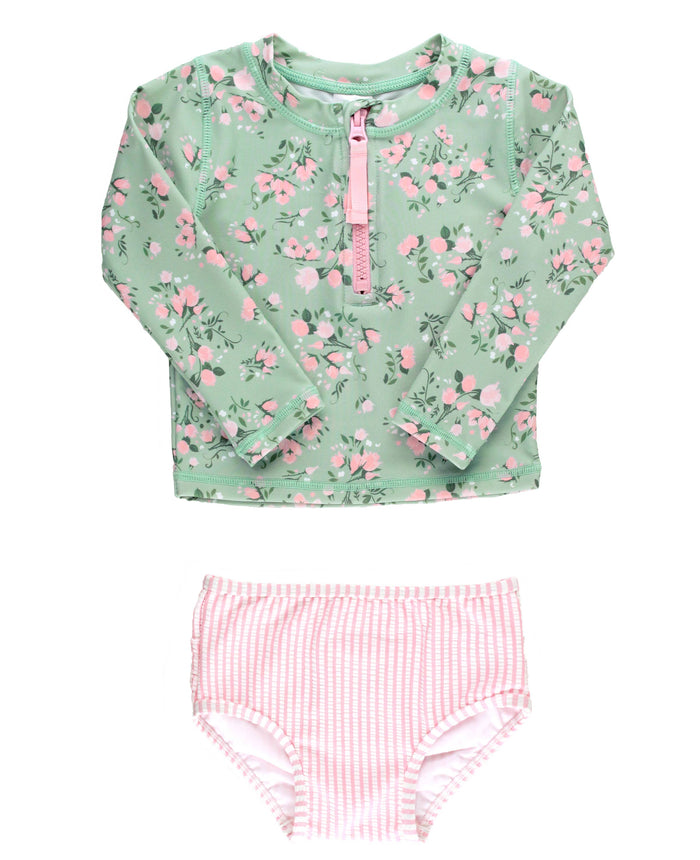 Girls Tea Roses Long Sleeve Zipper Rash Guard 2-Piece Swimsuit with Signature Rear Ruffles