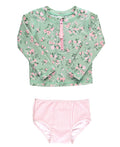 Girls Tea Roses Long Sleeve Zipper Rash Guard 2-Piece Swimsuit with Signature Rear Ruffles