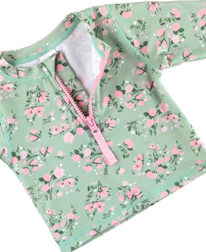 Girls Tea Roses Long Sleeve Zipper Rash Guard 2-Piece Swimsuit with Signature Rear Ruffles