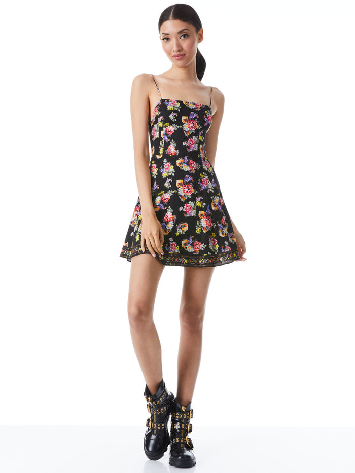 GLINDA SMOCKED SPAGHETTI STRAP DRESS - MAGNOLIA FLORAL BLACK/MULTI