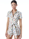 GORGEOUS DENIM ROMPER WITH TIE BELT - OFF WHITE MULTI