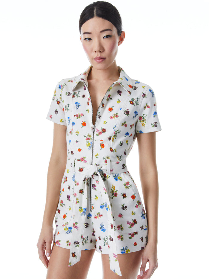 GORGEOUS DENIM ROMPER WITH TIE BELT - OFF WHITE MULTI