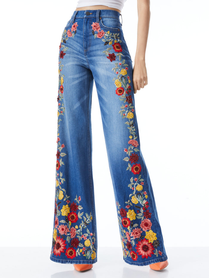 GORGEOUS EMBROIDERED WIDE LEG JEANS - PASADENA BLUE
