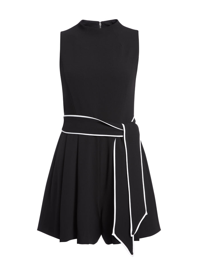 HARLAN PLEATED ROMPER WITH BELT - BLACK/WHITE