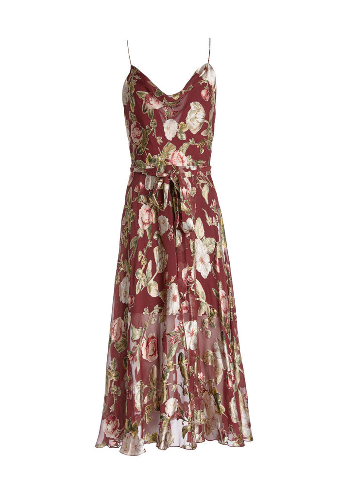HEATHER COWL NK MIDLENGTH DRS - HAZY FLORAL-WINE