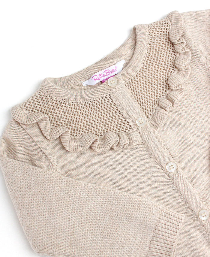Heather Oatmeal Sweater Knit Ruffle Trim Cardigan