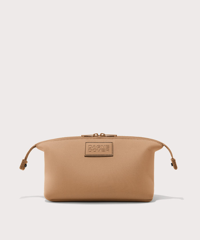 Dagne Dover Large Hunter Toiletry Bag in camel brown with sides unclipped.