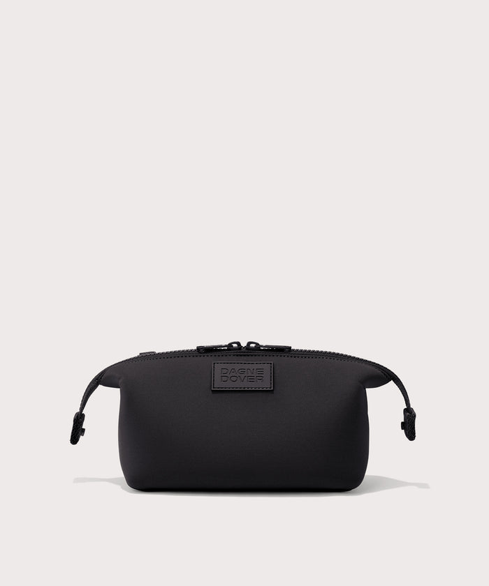 Dagne Dover Small Hunter Toiletry Bag in black with sides unclipped.