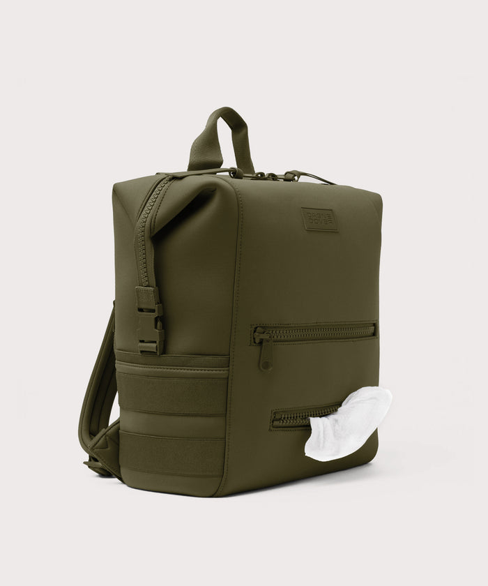 Dagne Dover Large Indi Diaper Backpack in dark moss showing the zipper opening for easy access wipes.