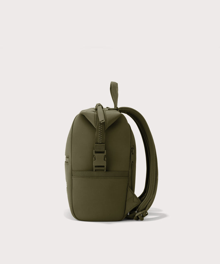 Dagne Dover small Indi Diaper Backpack in dark moss seen from the side.