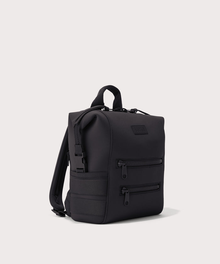 Dagne Dover small Indi Diaper Backpack in black seen from an angle.
