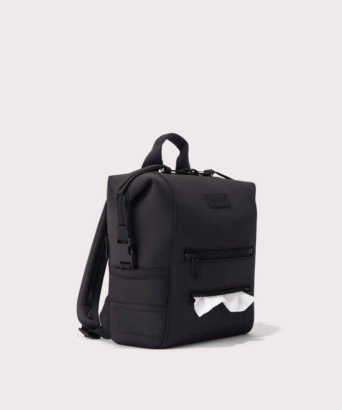 Dagne Dover small Indi Diaper Backpack in black showing the zipper opening for easy access wipes.