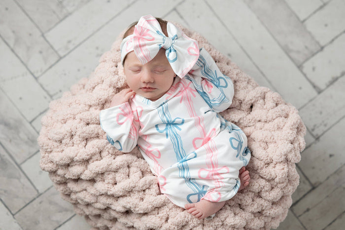 Infant Bow Rows Baby Gown and Bow Headband Set